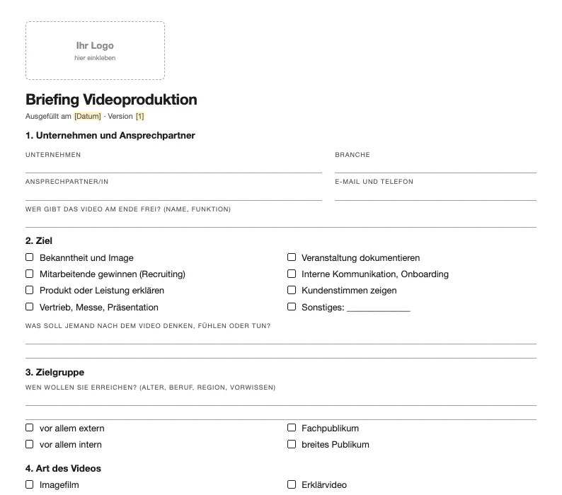 Vorschau des Briefing-Fragebogens für Videoproduktionen mit Ankreuzfeldern für Ziel und Zielgruppe