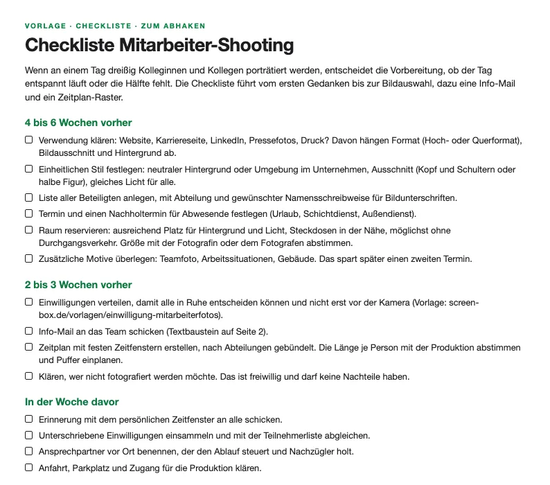 Checkliste Mitarbeiter-Shooting: erste Seite mit Aufgaben vier bis sechs Wochen vorher