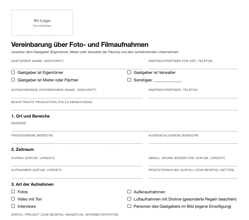 Vorschau der Drehgenehmigung mit Feldern für Gastgeber, Bereiche, Zeitraum und Art der Aufnahmen