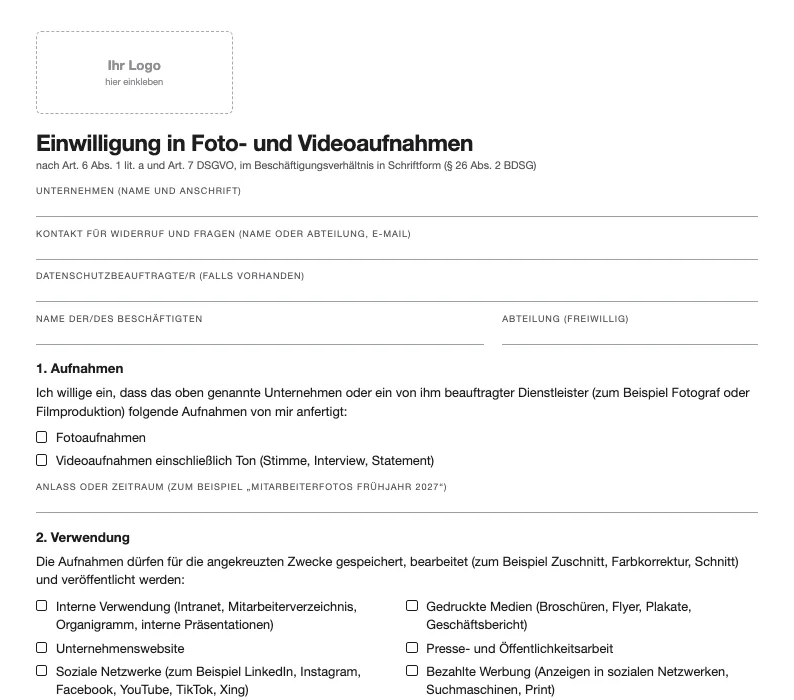 Einwilligung Mitarbeiterfotos: Vorschau der Formularseite mit Logo-Feld und Ankreuzfeldern für Foto und Video