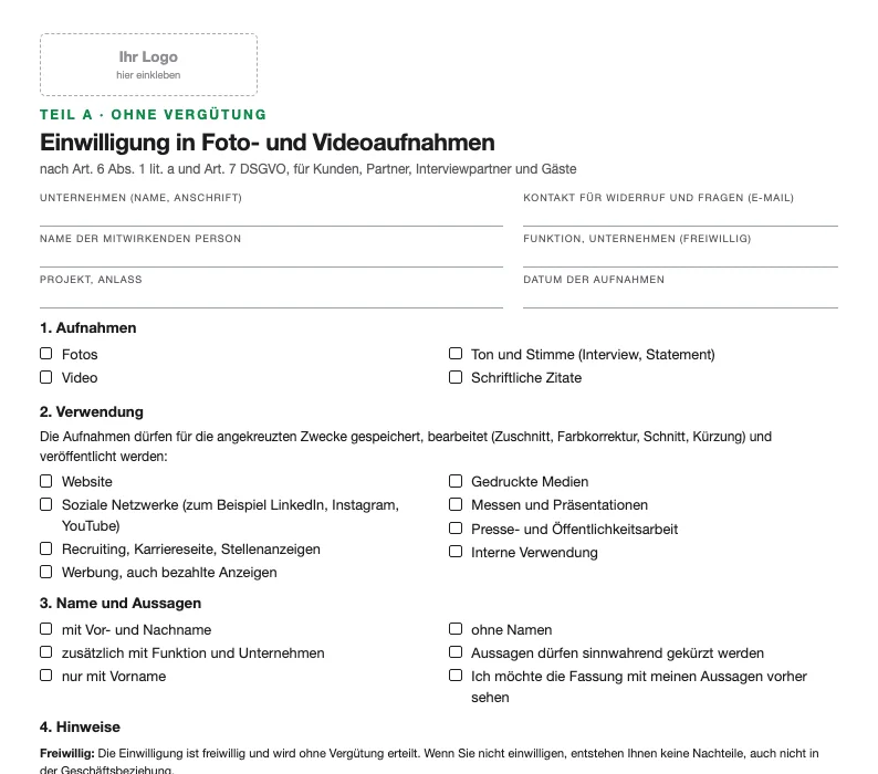 Vorschau der Einwilligung für externe Mitwirkende mit Ankreuzfeldern für Kanäle, Namen und Aussagen