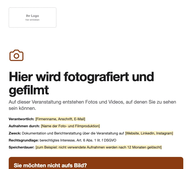 Vorschau des Aushangs „Hier wird fotografiert und gefilmt“ für Veranstaltungen