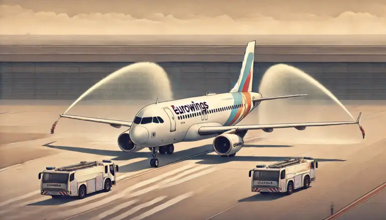 Illustration: Feierlicher Wasserfontänen-Empfang für den Eurowings-Erstflug nach der Landung in Köln